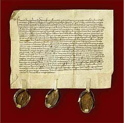 1375, smlouva mezi černickým farářem Václavem a zlatokorunským opatem Gerhardem, která obsahuje první zmínku o Třeboníně, latinsky, Zdroj: Státní oblastní archiv v Třeboni, oddělení Český Krumlov, Velkostatek Český Krumlov, sign. I 5 BP alfa No 2, Foto: Lubor Mrázek 1375, smlouva mezi černickým farářem Václavem a zlatokorunským opatem Gerhardem, která obsahuje první zmínku o Třeboníně, latinsky, ...