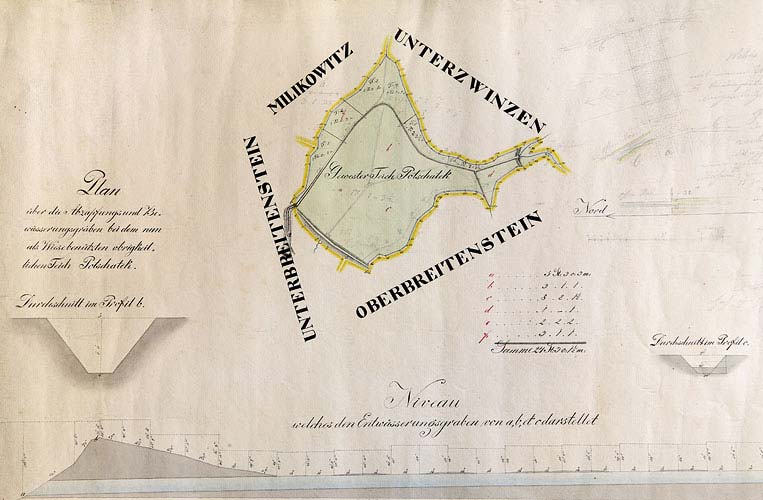 Polovina 19. stol. Plán rybníka Počátek u Horního a Dolního Třebonína určeného k vysušení a přeměnění na louku. Zaměřil Josef Langweil, narýsoval Antonín Zieger