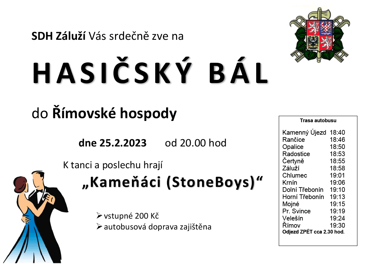 SDH Záluží Vás srdečně zve na HASIČSKÝ BÁL do Římovské hospody dne 25.2.2023 od 20.00 hod