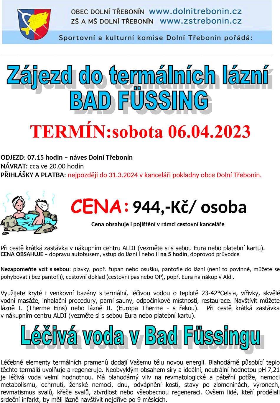 Zájezd do termálních lázní Bad Füssing 6. dubna 2024