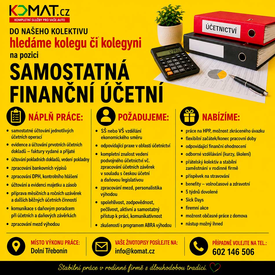 Firma KOMAT hledá kolegu či kolegyni na pozici samostatná finanční účetní