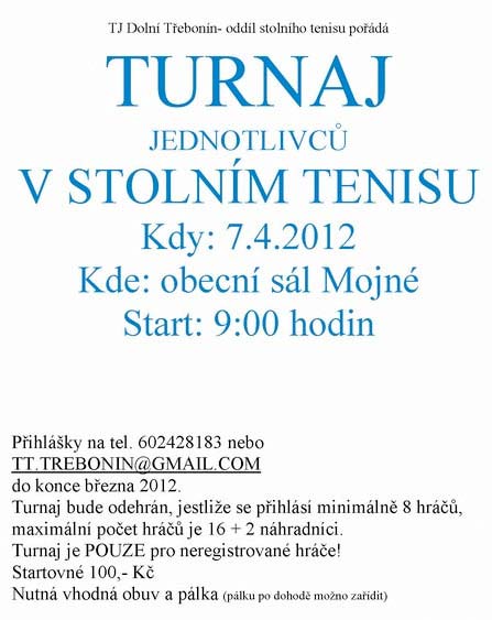 Velikonoční turnaj ve stolním tenise, obecní sál Mojné, 7. dubna 2012